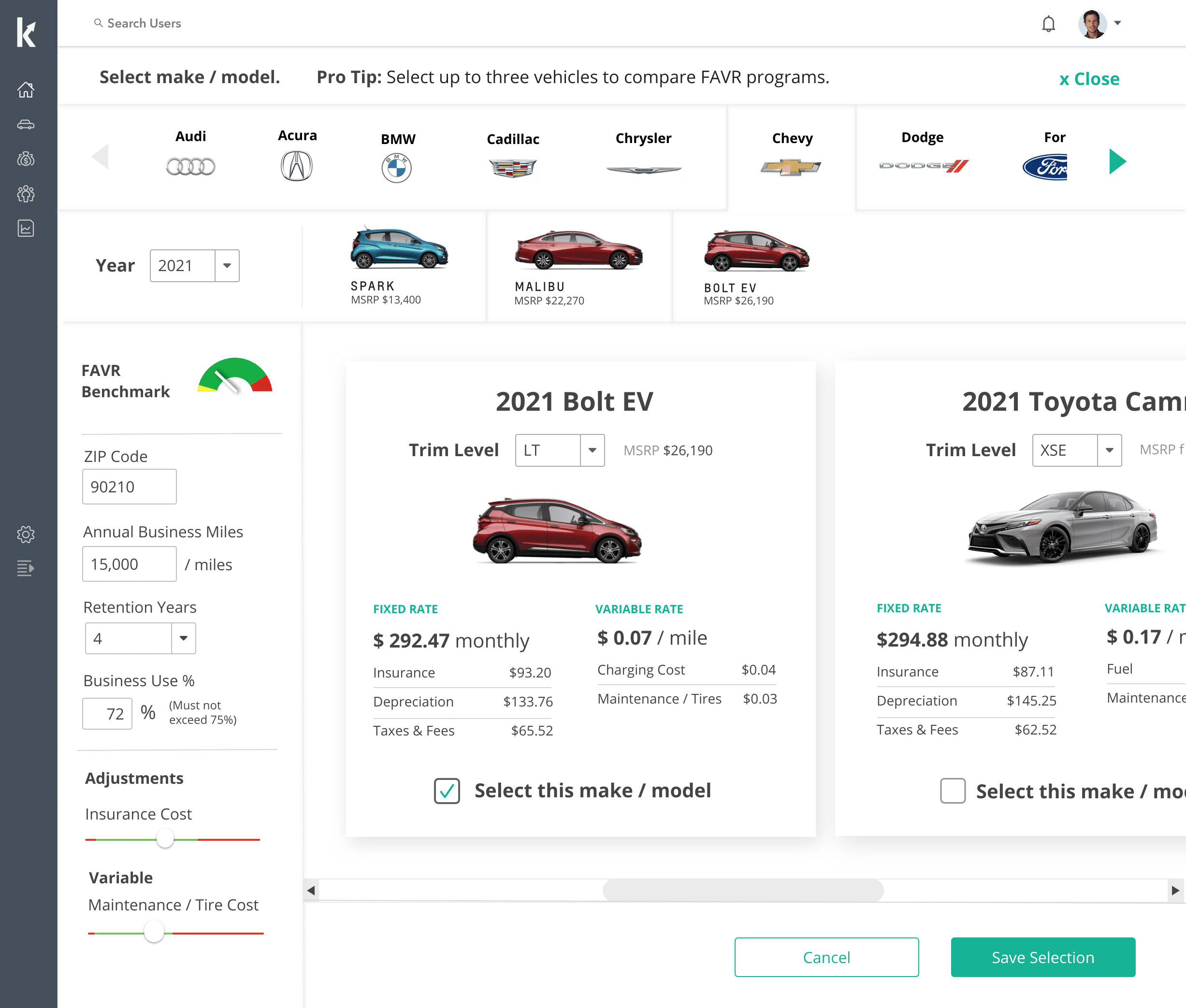 Manage FAVR App Choose Vehicle
